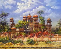 Hanif Shahzad, Mohatta Palace I - Karachi, 27 x 36 Inch, Oil on Canvas, Cityscape Painting, AC-HNS-071